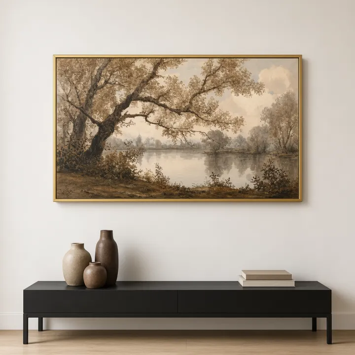 Riverside Oak Vintage Landscape Oil Painting 2