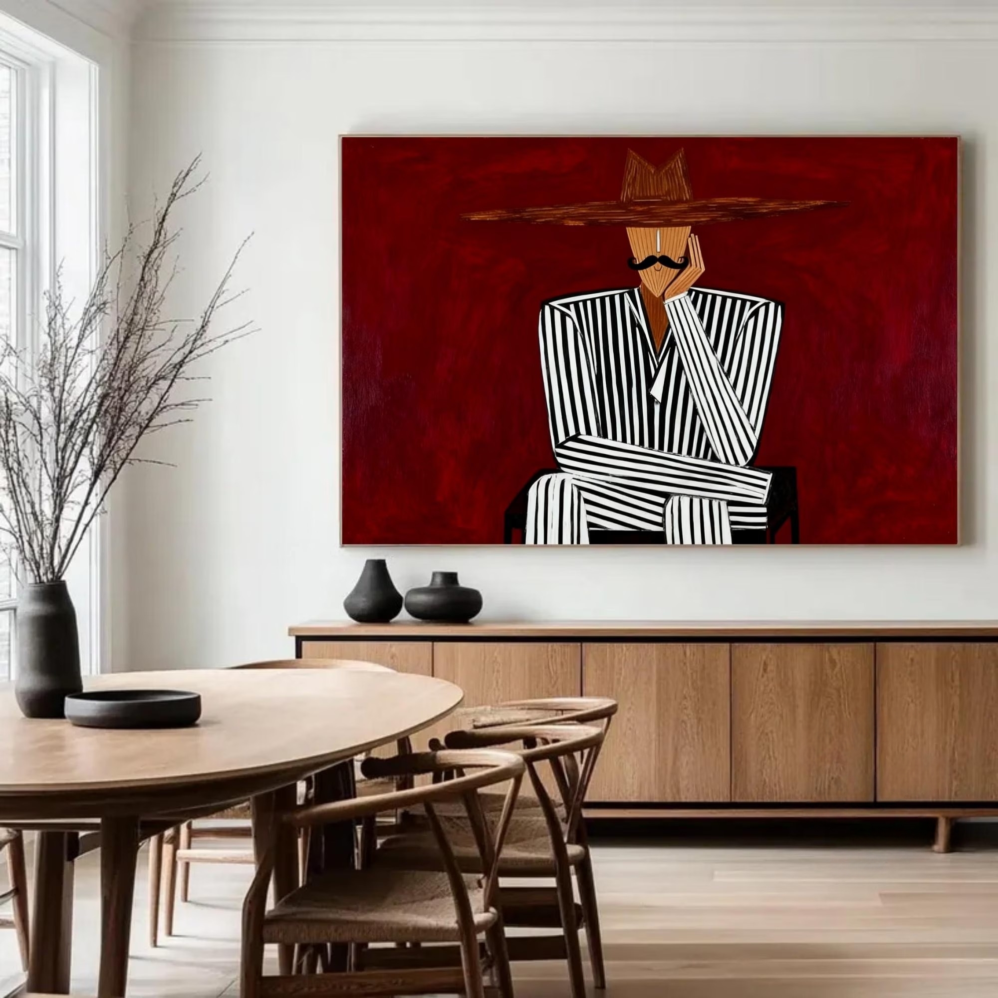 Red Background Striped Suit