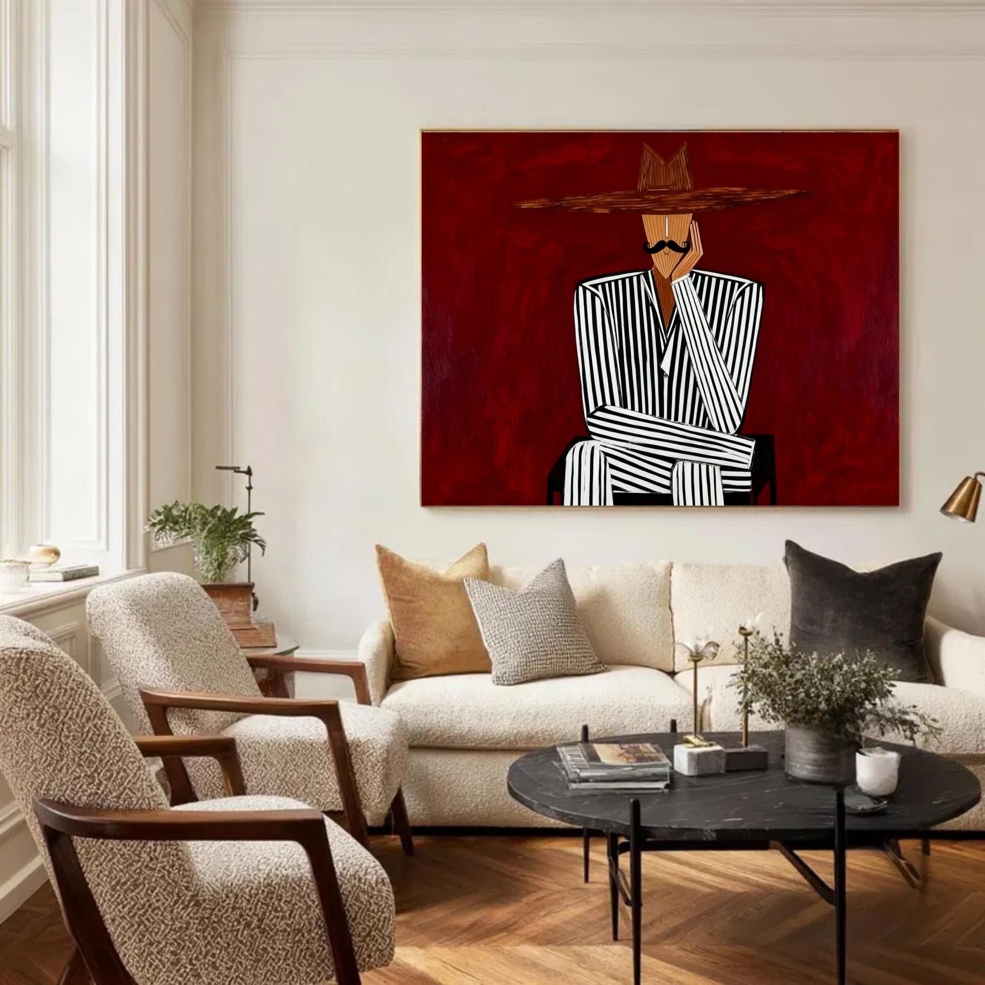 Red Background Striped Suit