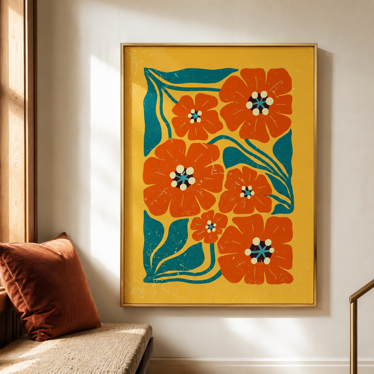 Teal Vines and Orange Petals