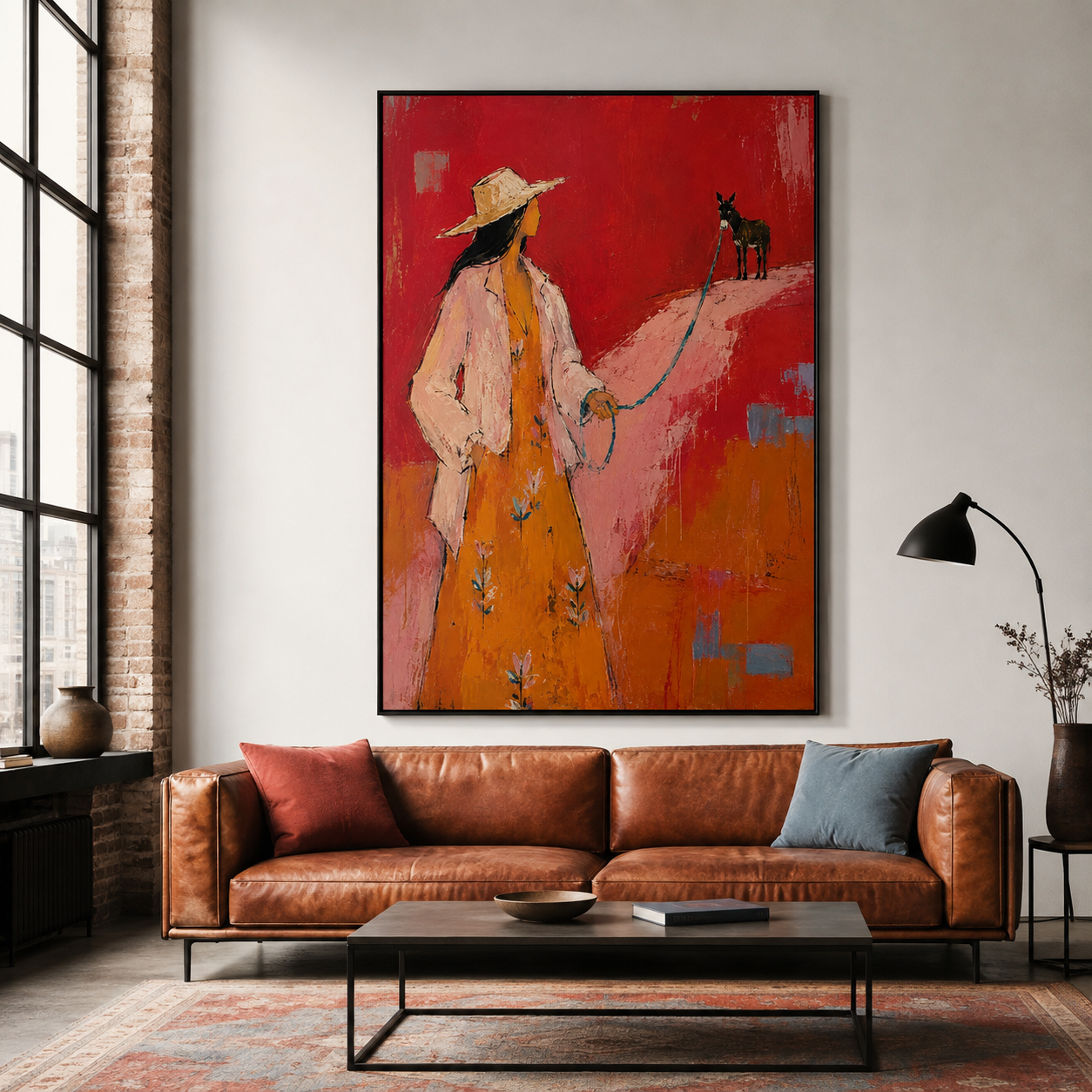 Western Woman Wall Art | Cowgirl and Donkey Hand-Painted Oil Painting