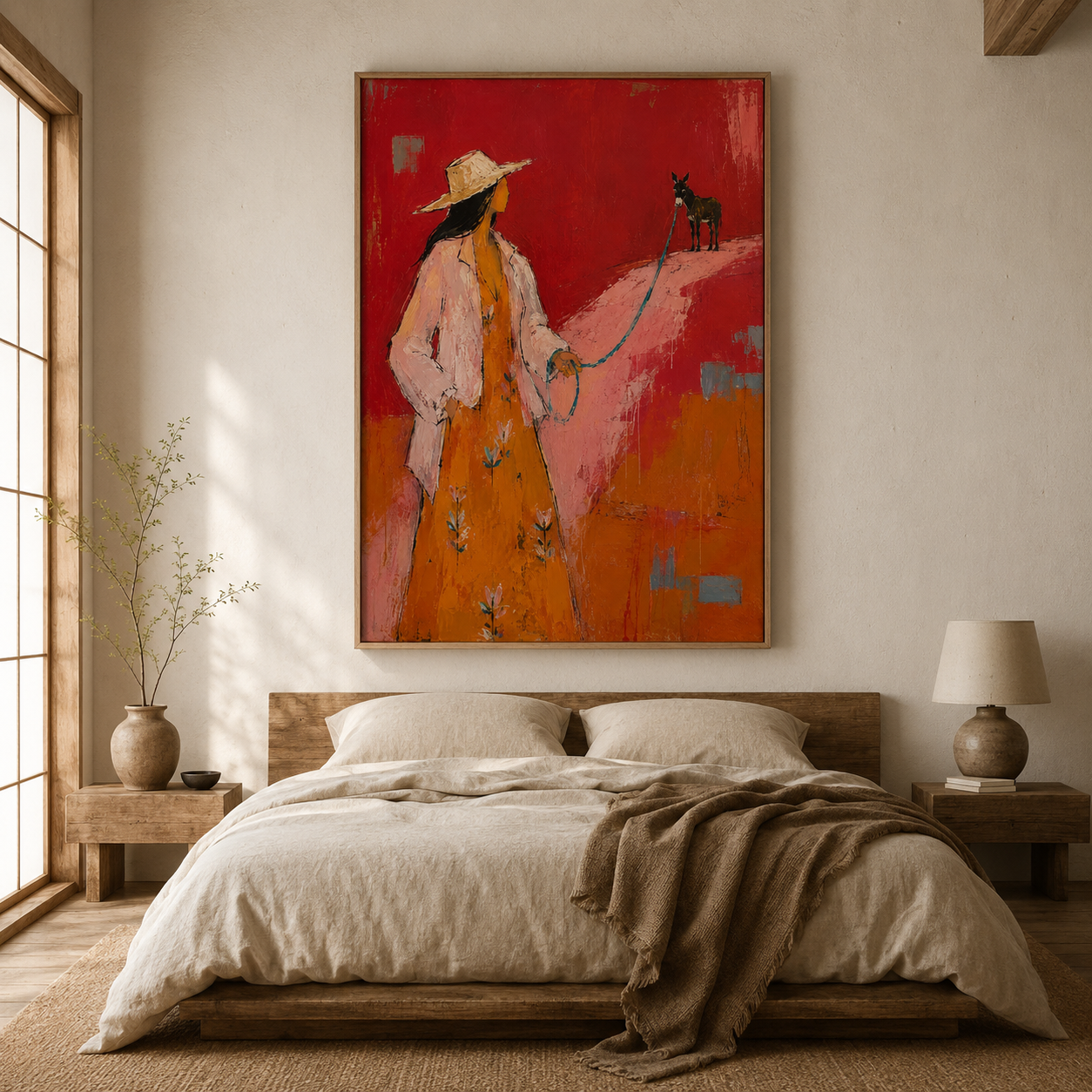 Western Woman Wall Art | Cowgirl and Donkey Hand-Painted Oil Painting