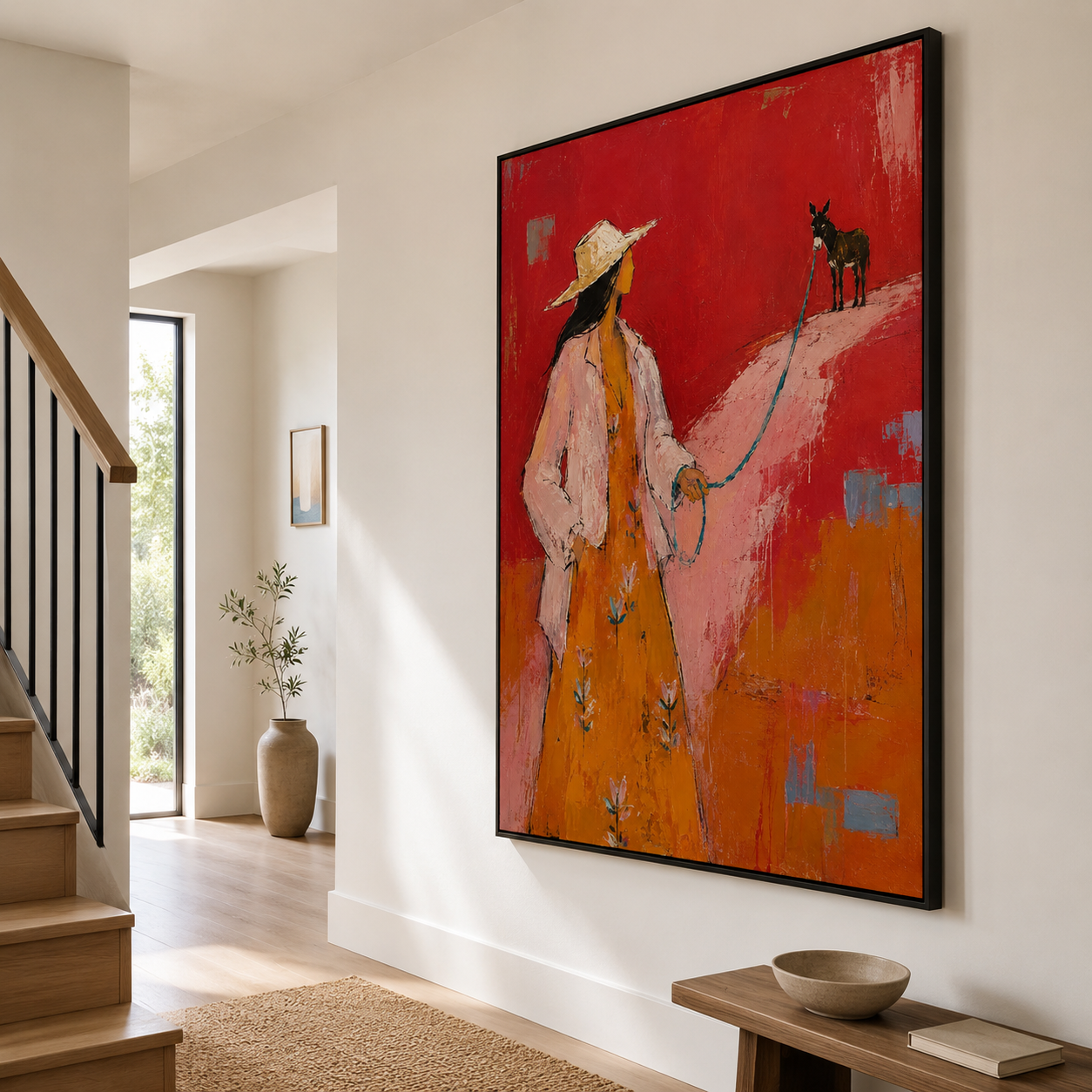 Western Woman Wall Art | Cowgirl and Donkey Hand-Painted Oil Painting