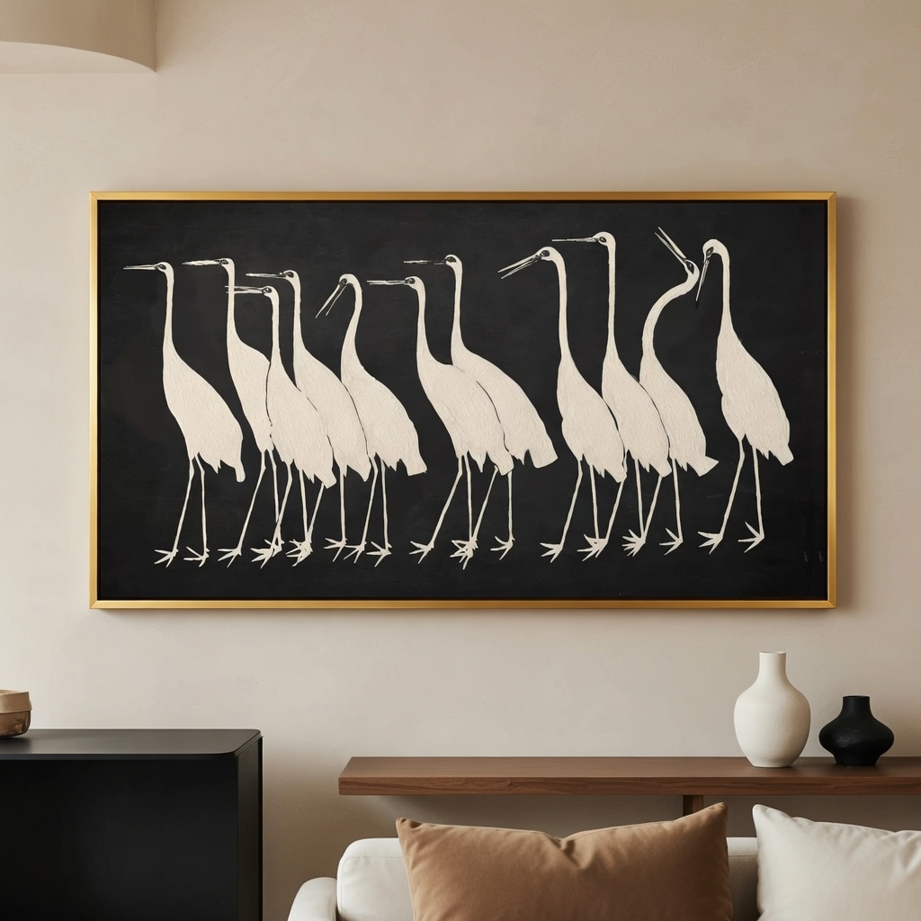 Black & White Crane Oil Painting