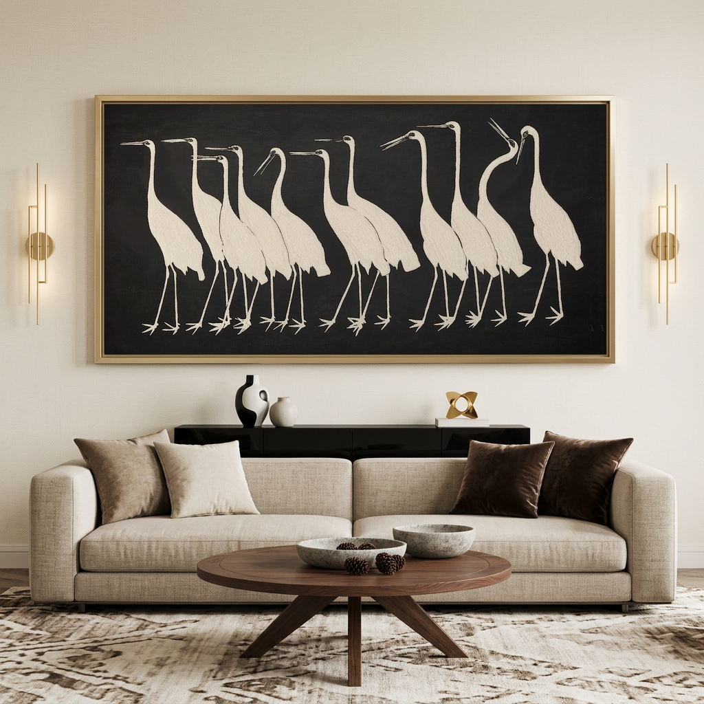 Black & White Crane Oil Painting