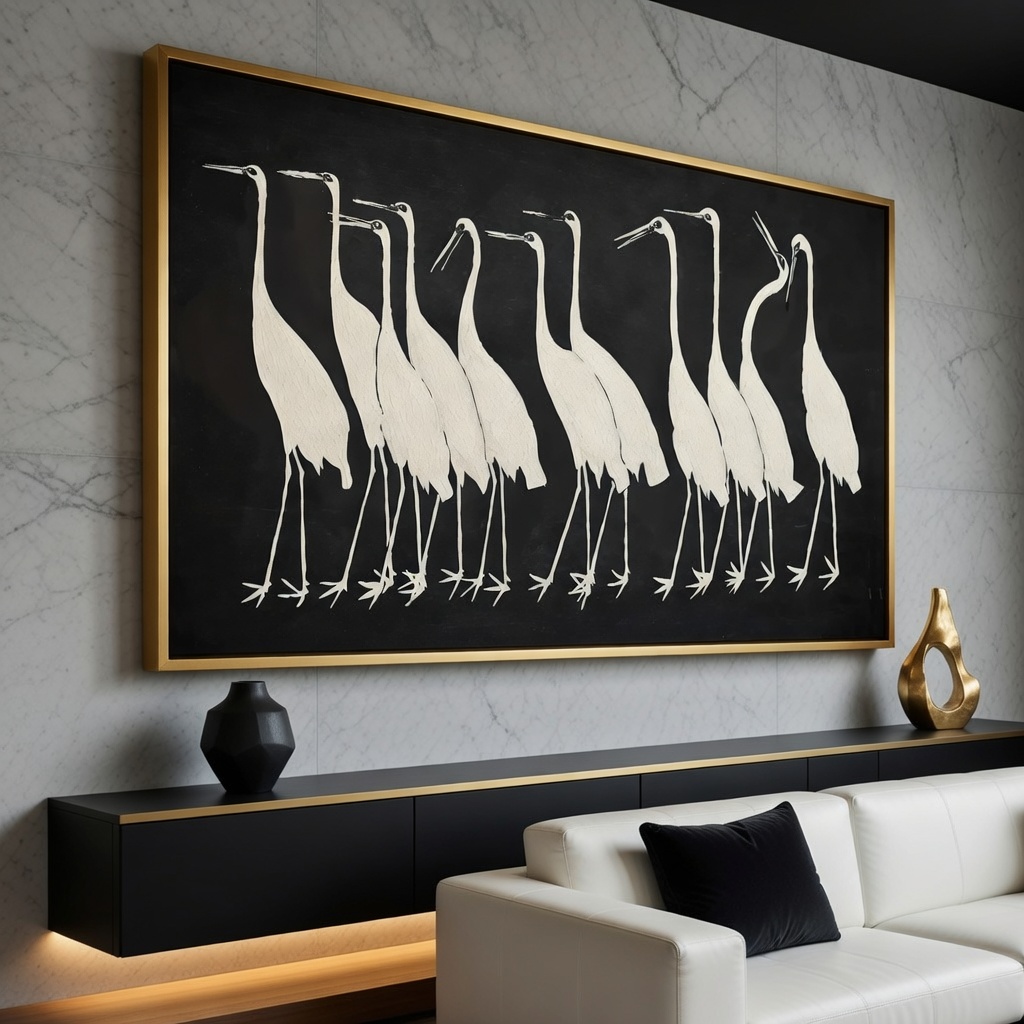 Black & White Crane Oil Painting