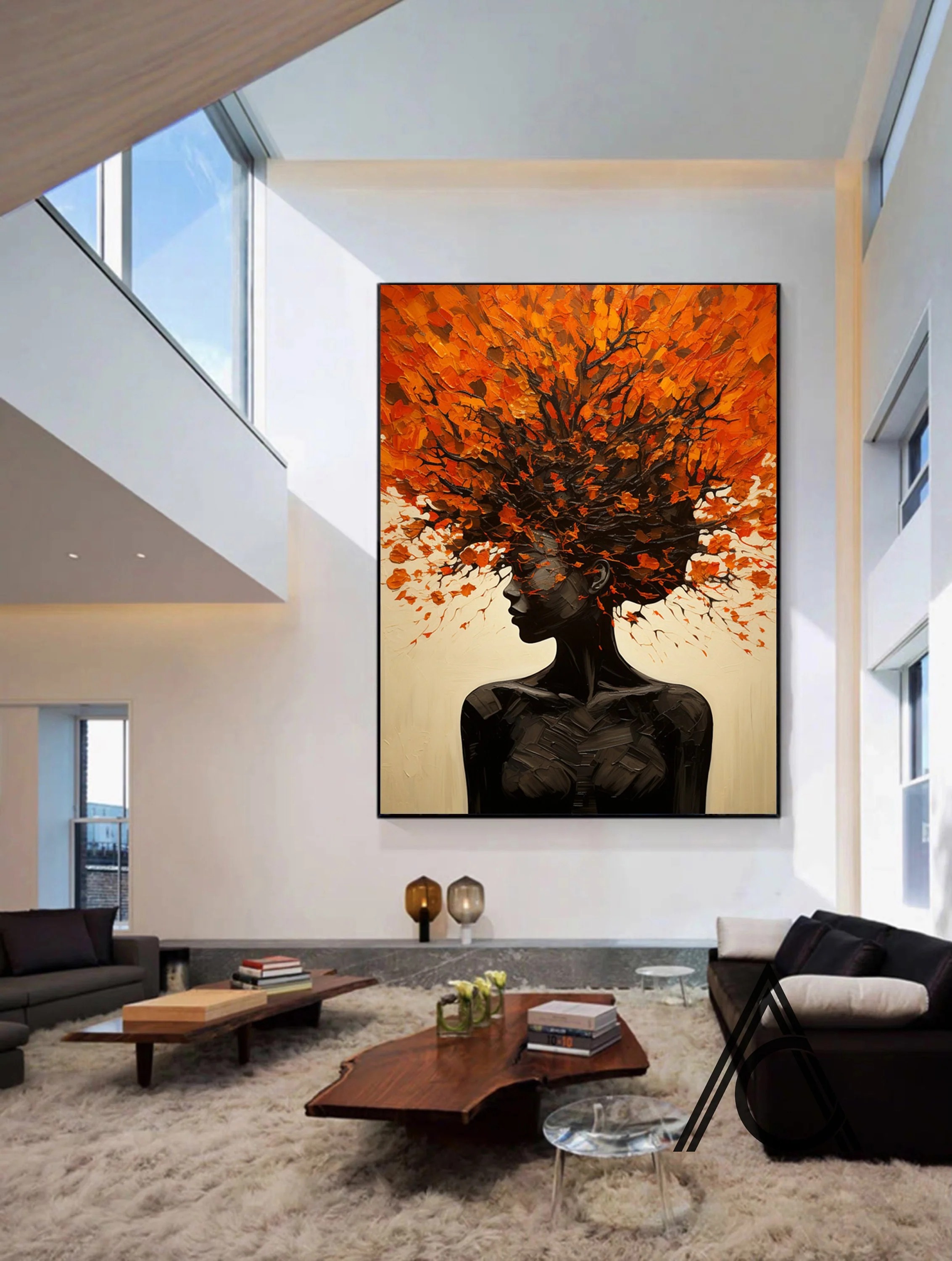 Large Textured Portrait in Black and Orange, Figurative Art