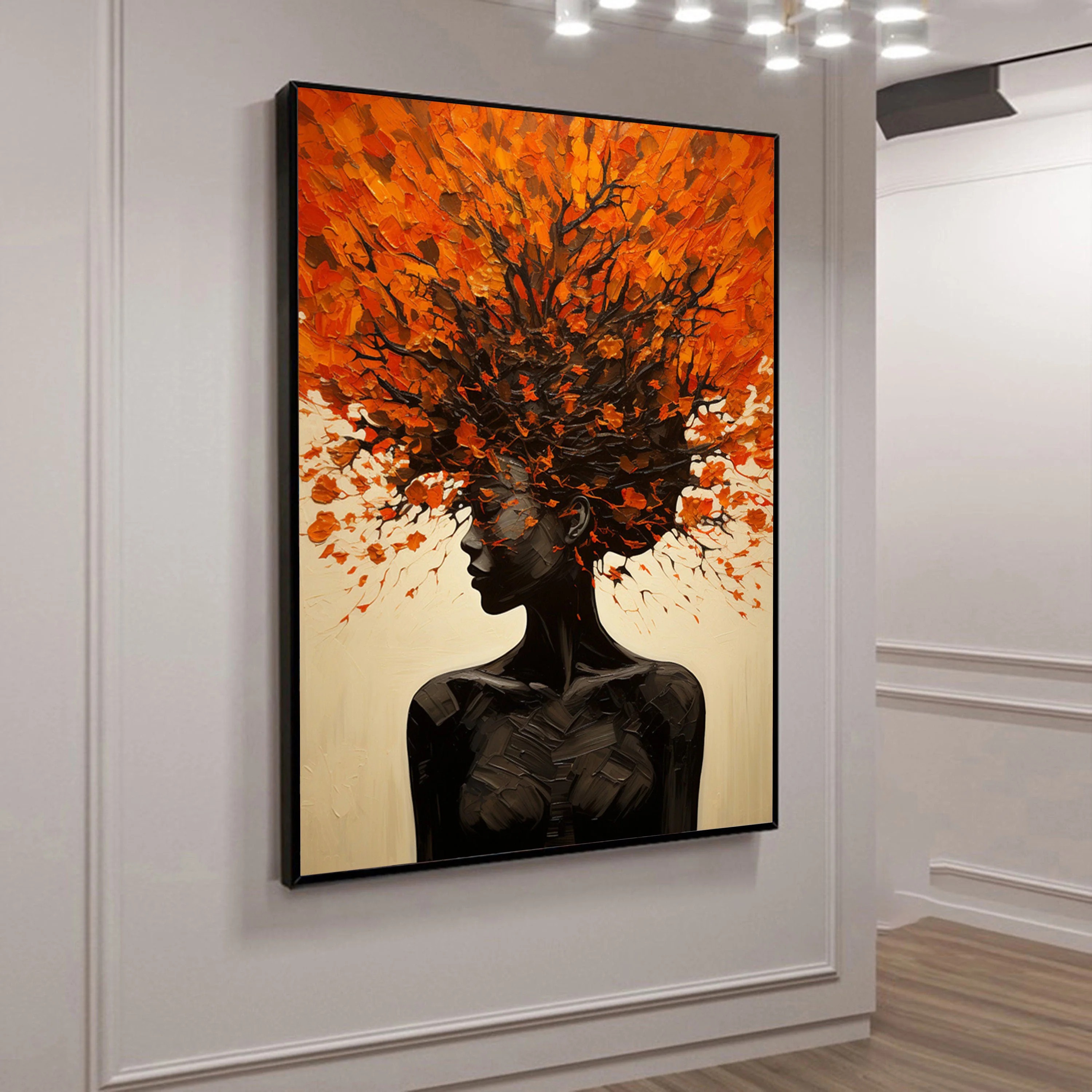 Large Textured Portrait in Black and Orange, Figurative Art