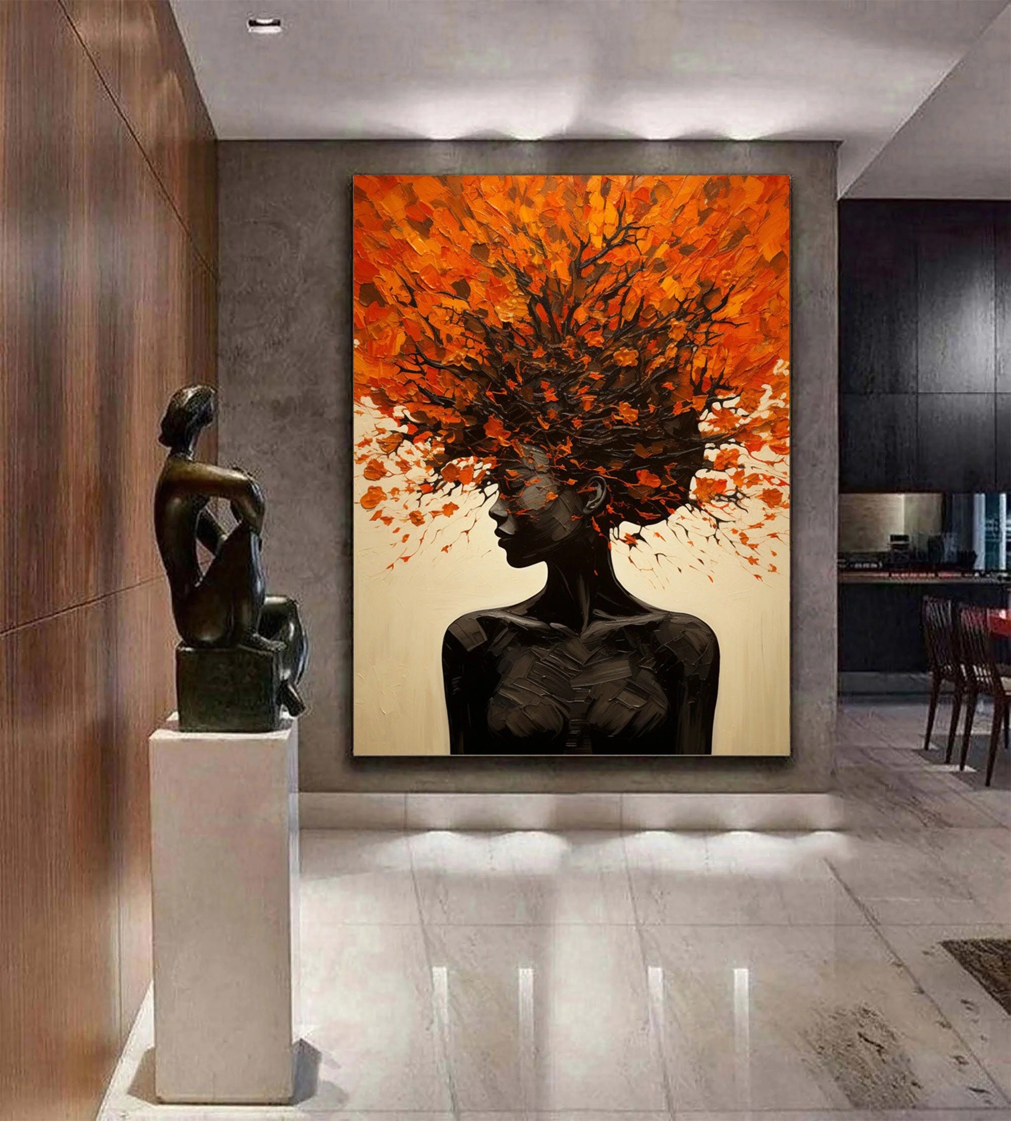 Large Textured Portrait in Black and Orange, Figurative Art