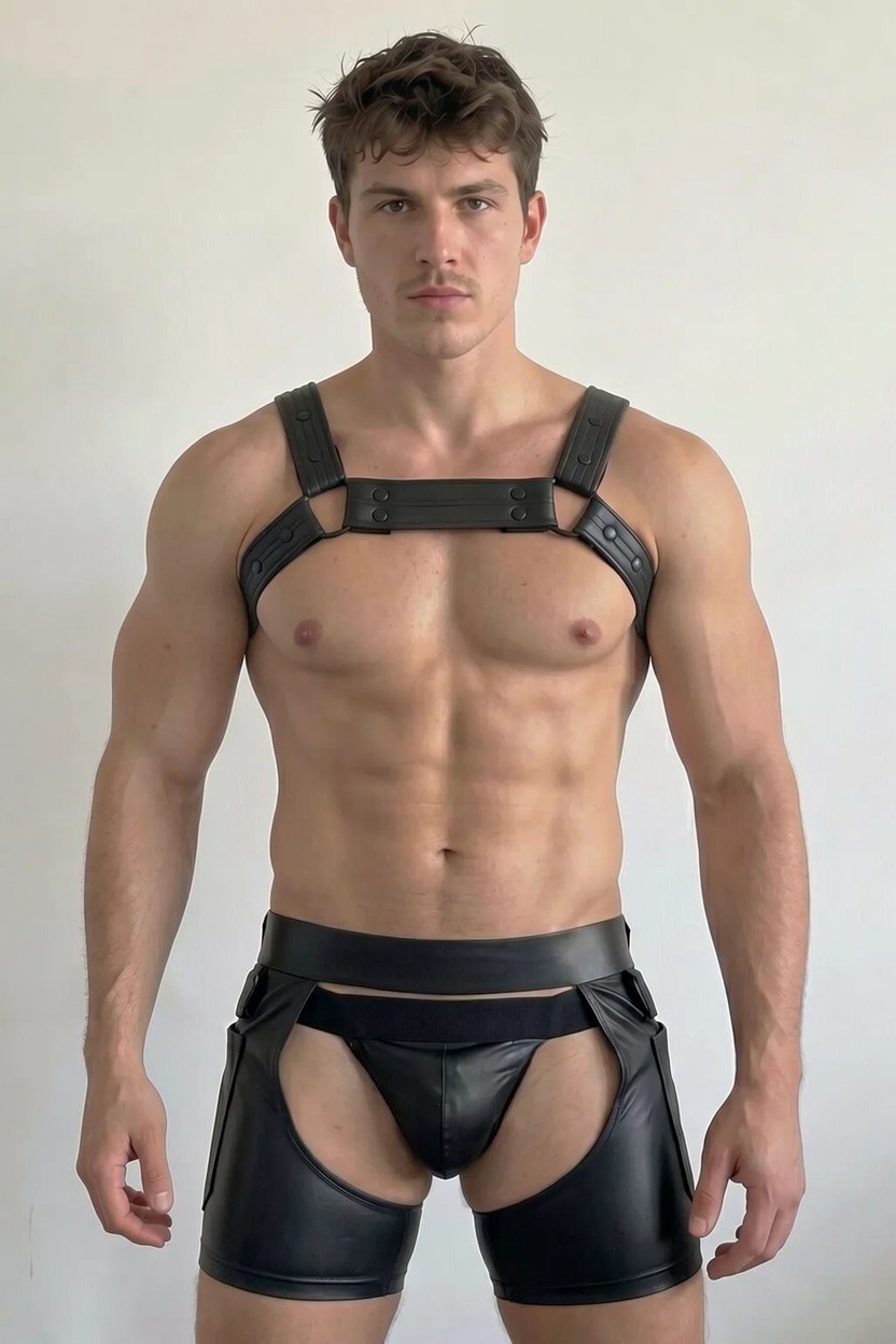 Joylgbt Men's Black  Leather Structured Harness Shorts Set