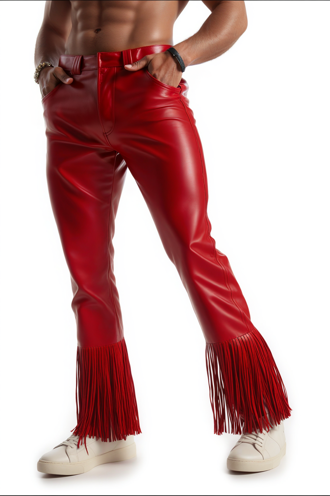 Men's Red Faux Leather Fringe Pants