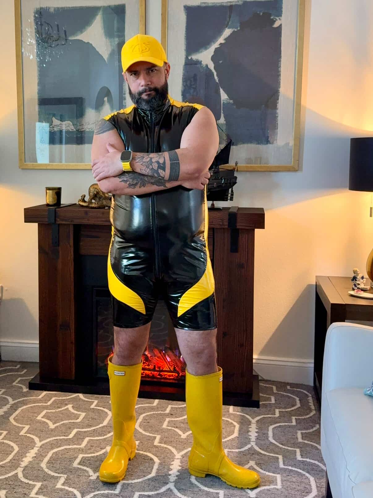 Joylgbt Men’s High-Neck PU Singlet Bodysuit – Glossy Black with Red Accents