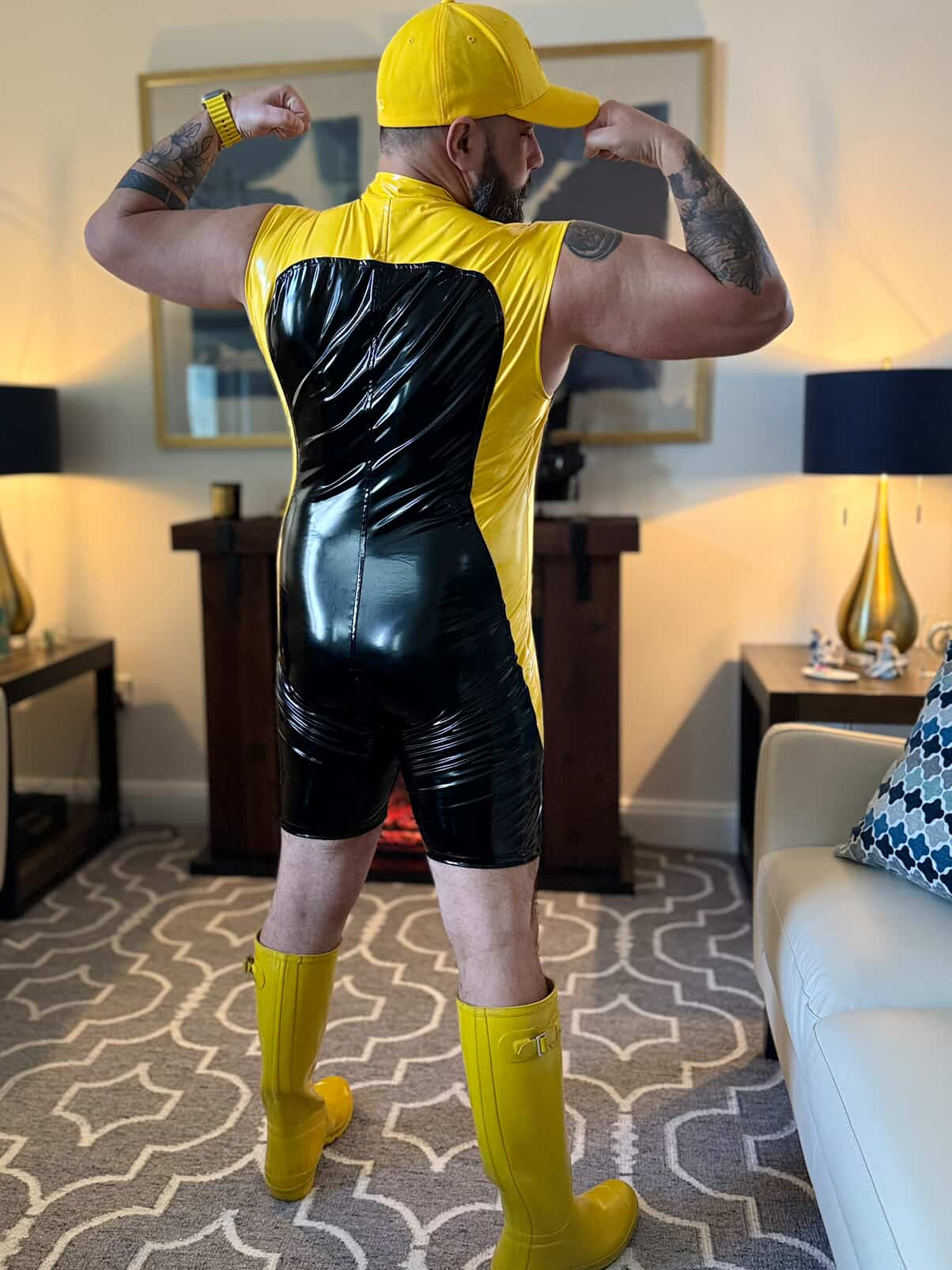 Joylgbt Men’s High-Neck PU Singlet Bodysuit – Glossy Black with Red Accents