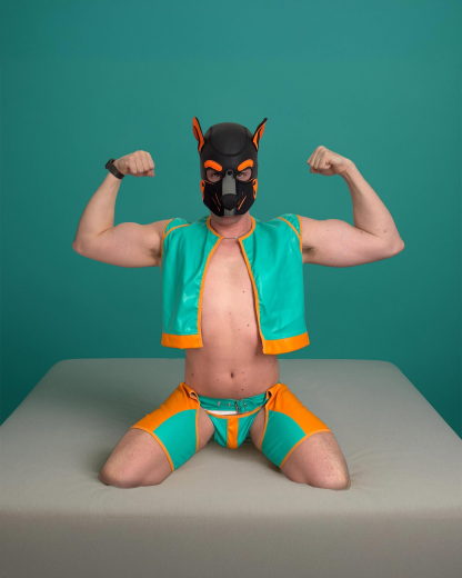 Joylgbt's Colorblock Open-Back Leather Harness Set – Sexy Blue & Orange Faux Leather Two-Piece for Men