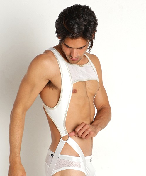 Joylgbt Men's White Mesh Cut-Out Harness Bodysuit