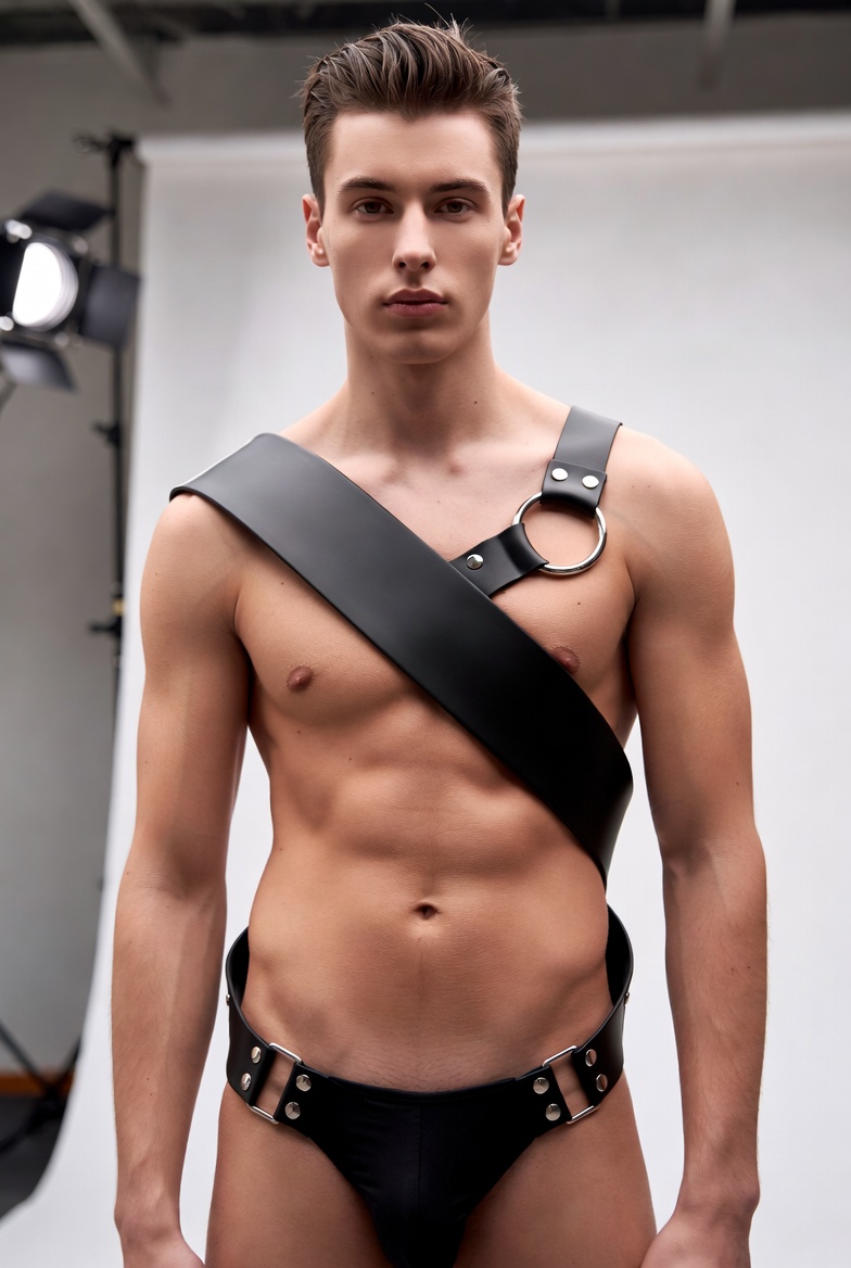 Men’s One-Shoulder Faux Leather Harness Brief Set