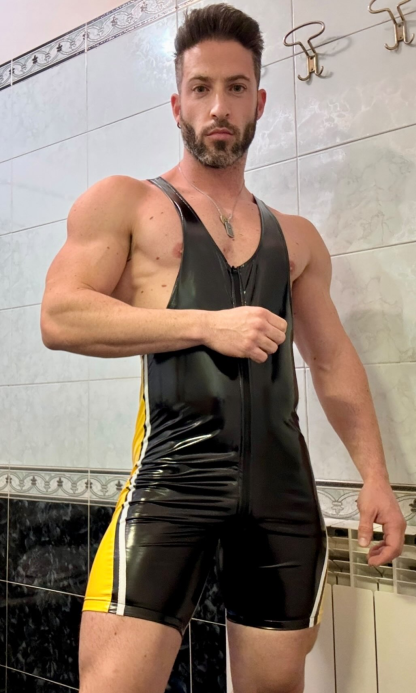 Joylgbt Men's Glossy Faux Leather Wrestling Bodysuit – Deep Cut Singlet with Yellow Side Stripes
