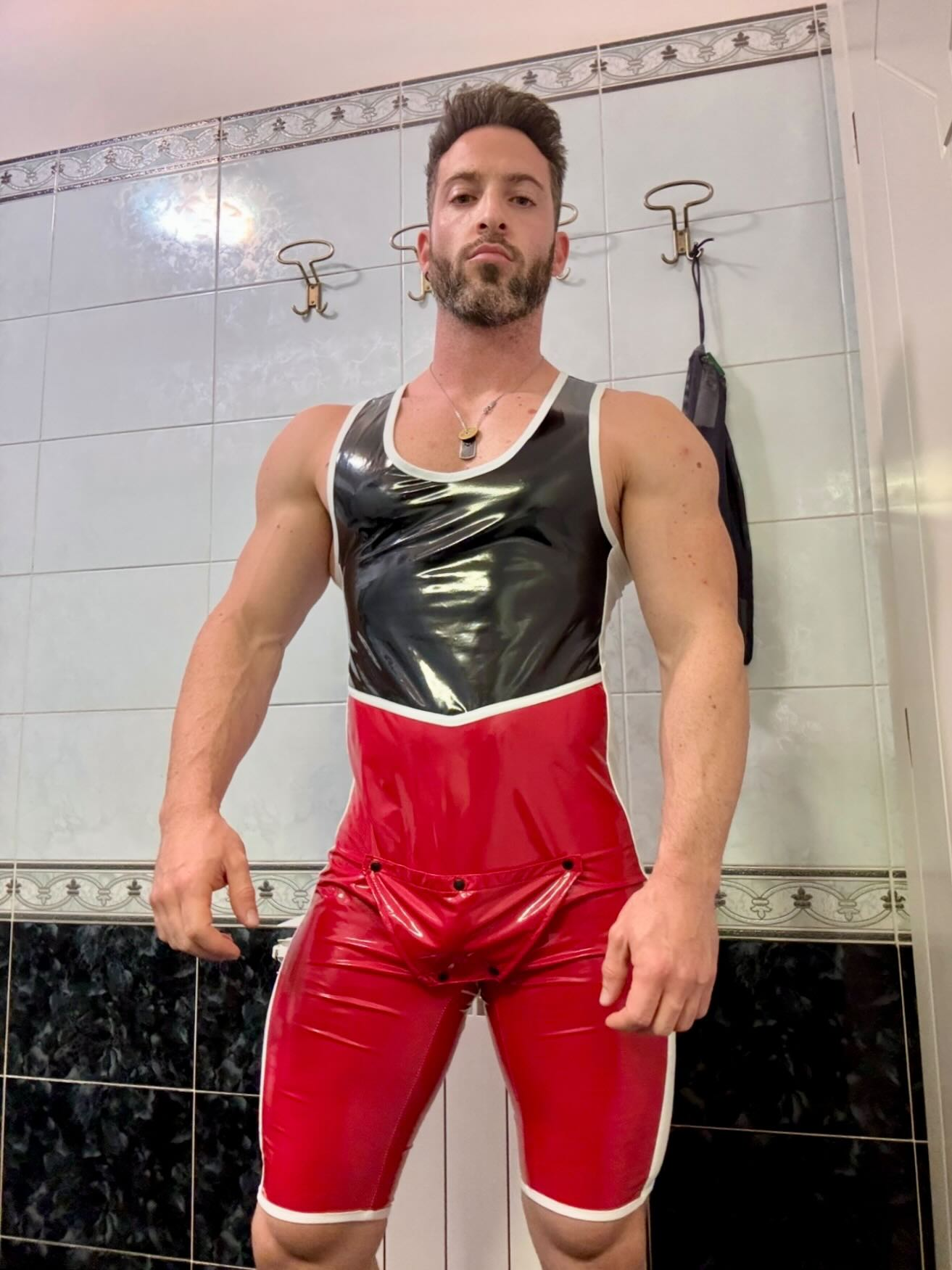 Red & Black LEATHER Wrestler Bodysuit – Open Back Cutout Fetish Singlet for Men