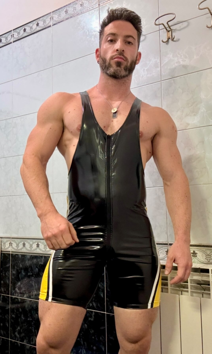 Joylgbt Men's Glossy Faux Leather Wrestling Bodysuit – Deep Cut Singlet with Yellow Side Stripes