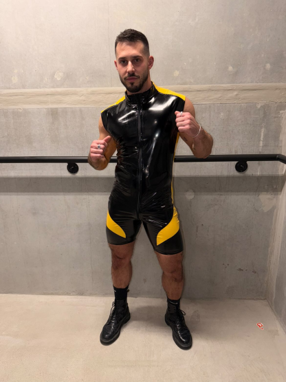 Joylgbt Black & Yellow Two-Tone Glossy Bodysuit – Zip-Front & Sleeveless Shorts