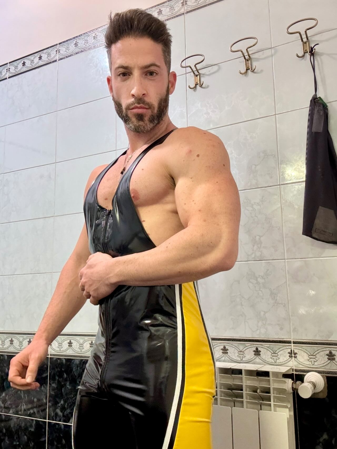 Joylgbt Men's Glossy Faux Leather Wrestling Bodysuit – Deep Cut Singlet with Yellow Side Stripes