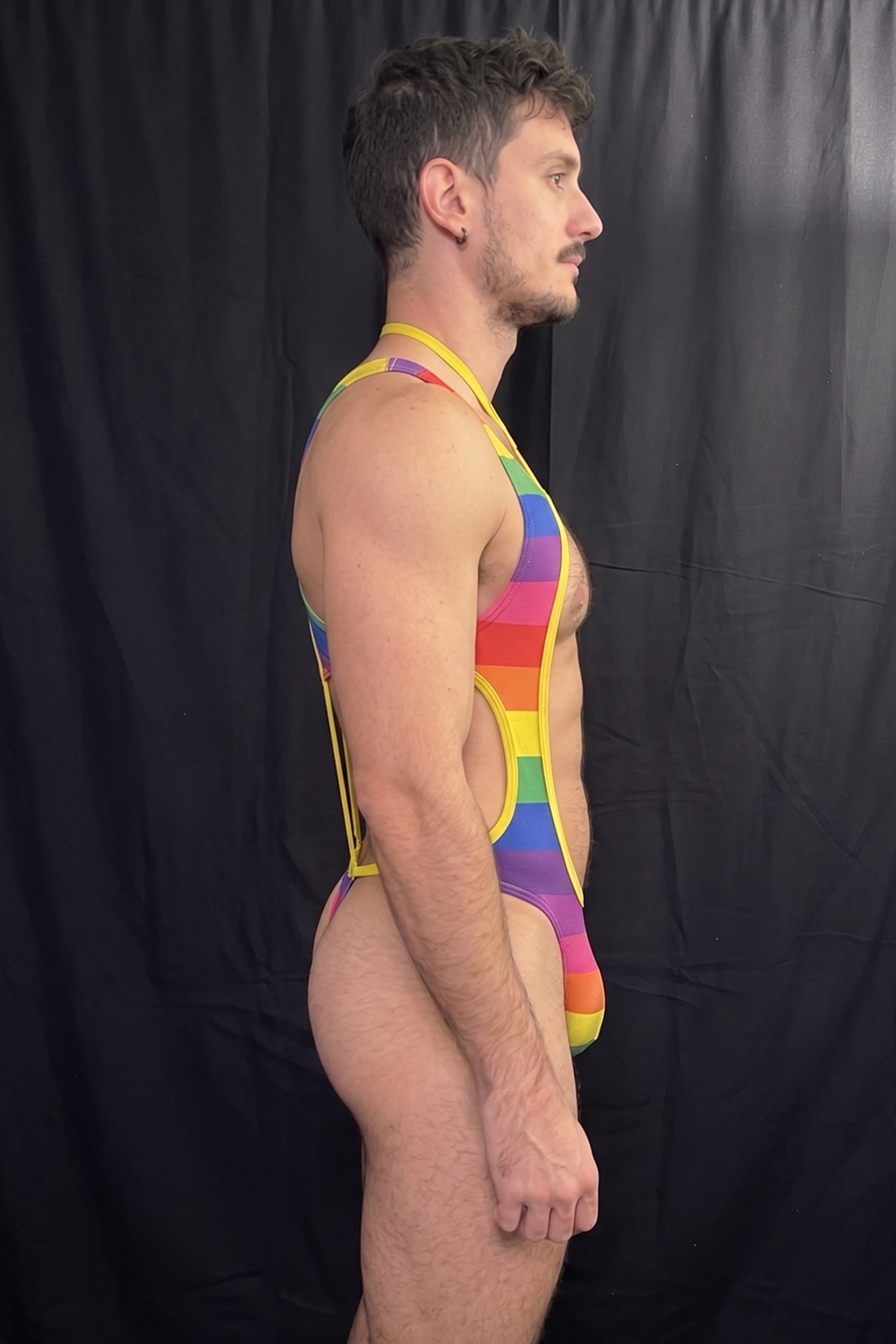 Joylgbt Men's Rainbow Stripe Deep-V Cutout Bodysuit (Cross-Neck Strap)