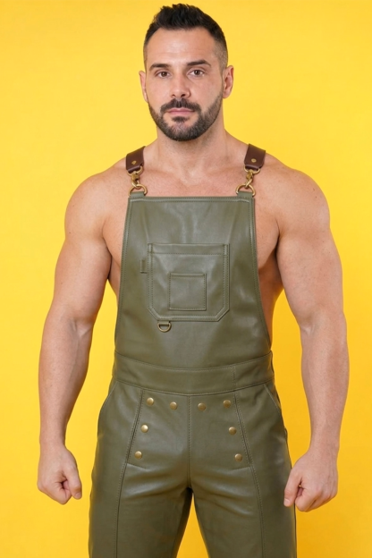Joylgbt Men’s Olive Faux Leather Suspender Jumpsuit