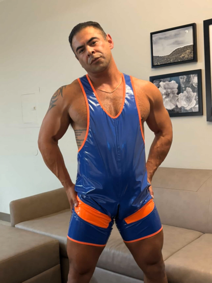 Joylgbt Men's High-Gloss PU Leather Classic Wrestling Singlet - Dynamic Color Block Athletic Bodysuit