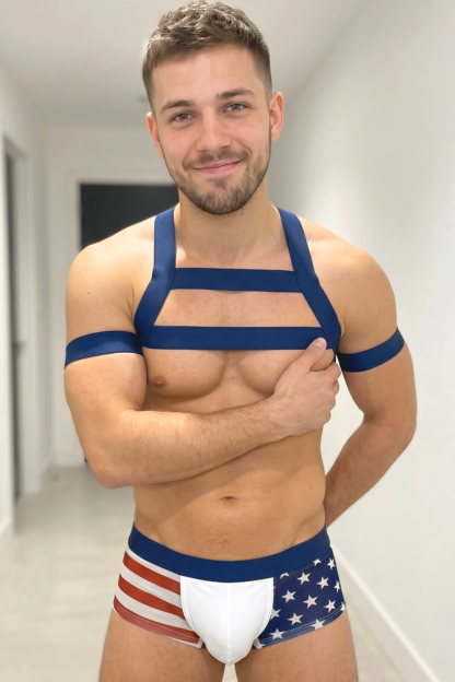 Joylgbt Men’s Blue Elastic Chest Harness + USA Flag Trunks Set