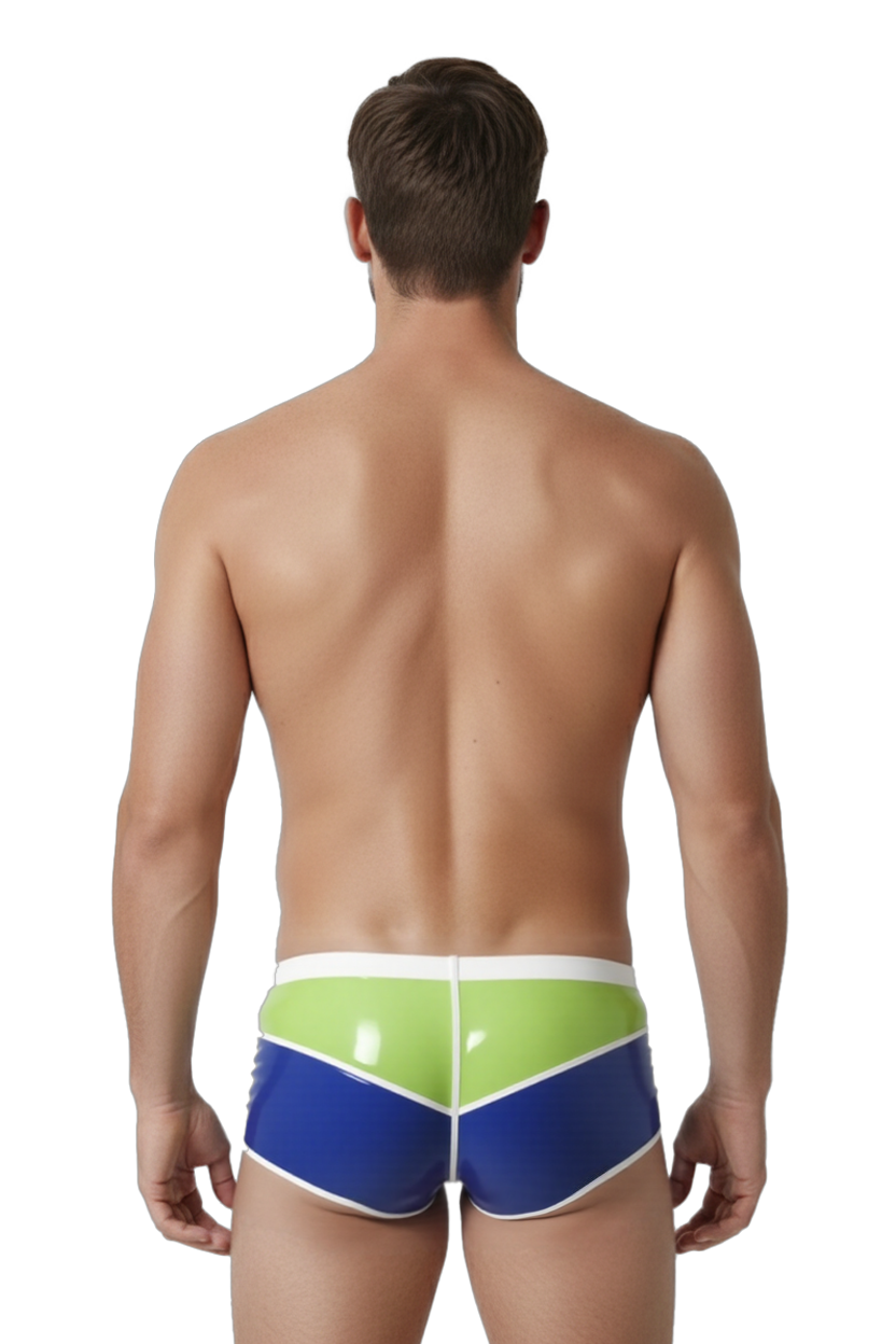 Joylgbt‘s Men's Cyber-Vivid Liquid-Shine Trunks – Neon Lime & Cobalt