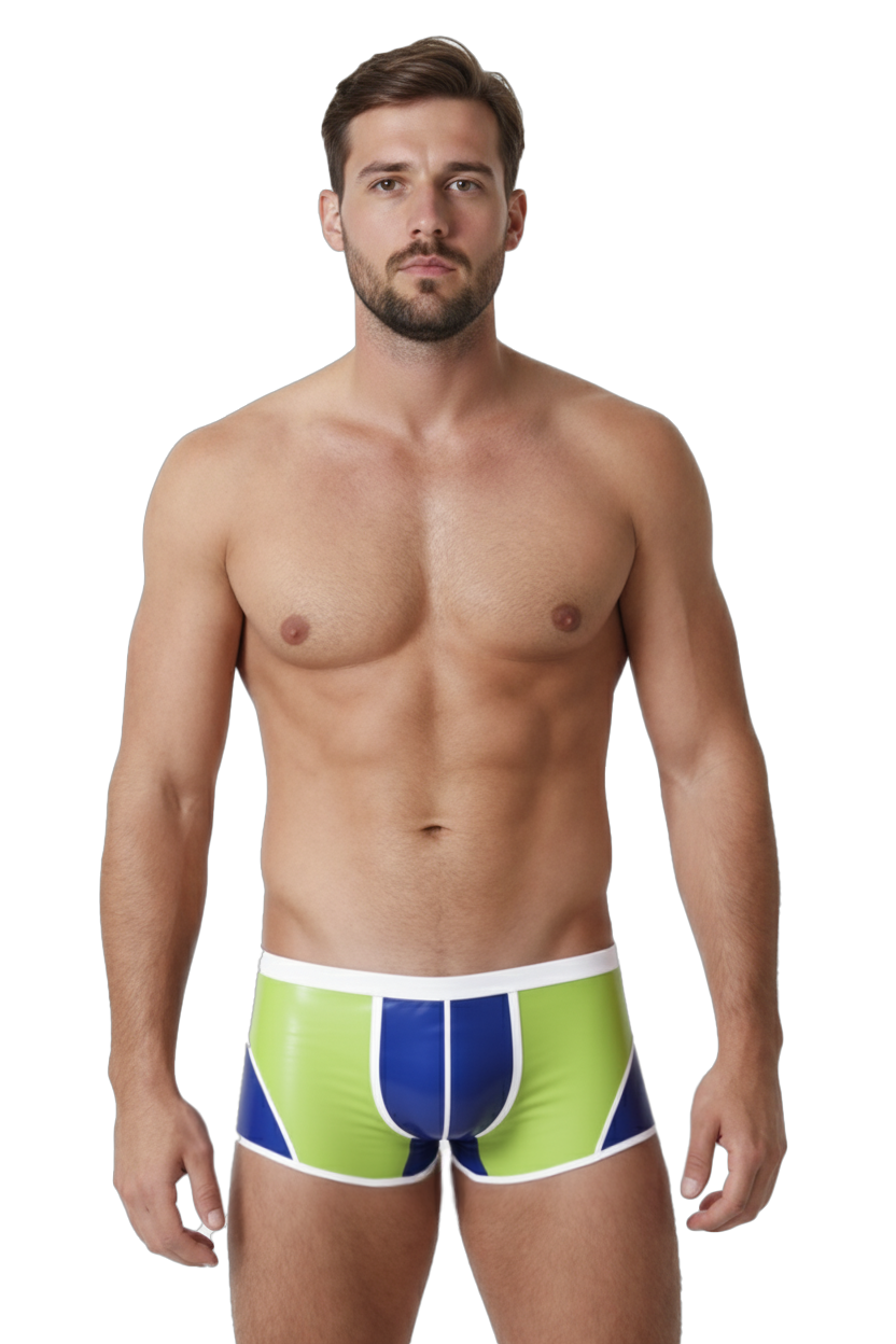 Joylgbt‘s Men's Cyber-Vivid Liquid-Shine Trunks – Neon Lime & Cobalt