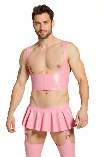 JOYLGBT Bubblegum Bad Boy Pink Leather Crop & Skirt Garter Set
