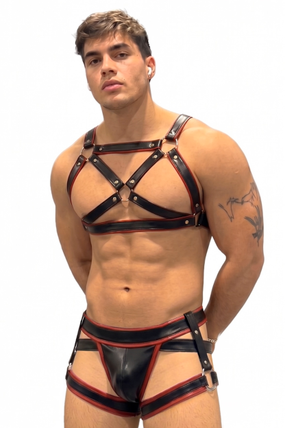 Joylgbt Black & Red Faux Leather Harness Brief Set