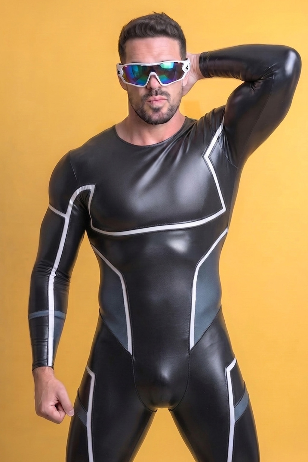 Joylgbt Men’s Black Glossy Long Sleeve Bodysuit +Harness Set