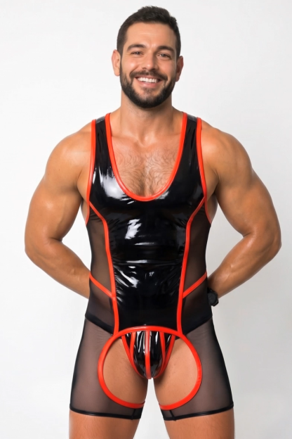 Men’s Black Red Glossy PU Mesh Panel Slim Bodysuit Sexy Party Stage Outfit