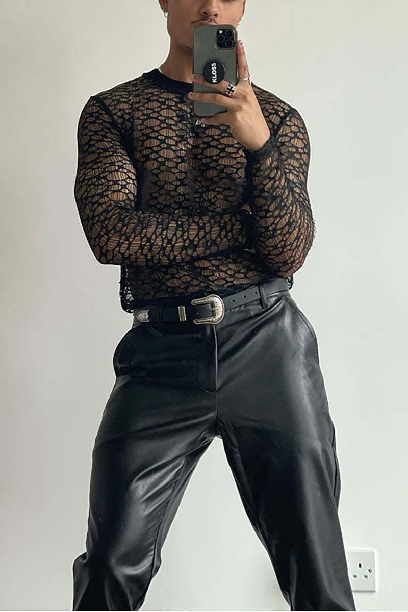 Men's Daily Black Mesh See-Through Shirt