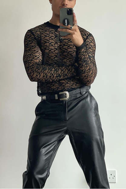 Men's Daily Black Mesh See-Through Shirt