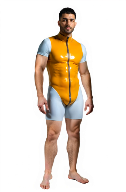 Joylgbt Men's Yellow and White Zipper Bodysuit with Fitted Design