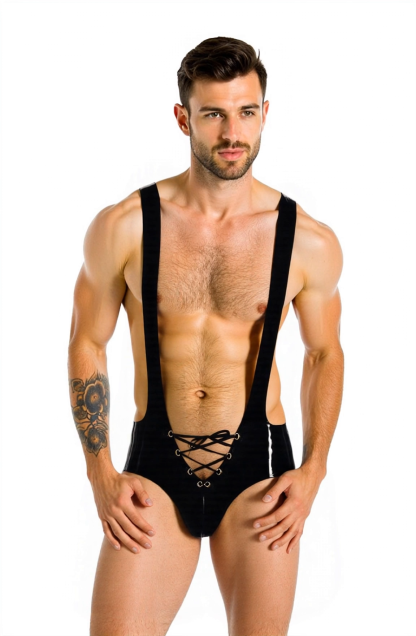 Men’s Faux Leather Lace-Up Open Back Bodysuit – Convertible Jockstrap & Full Brief Styles