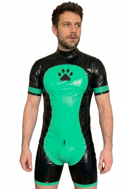 Joylgbt Men's Black & Neon Green High-Gloss PU Short-Sleeve Bodysuit 