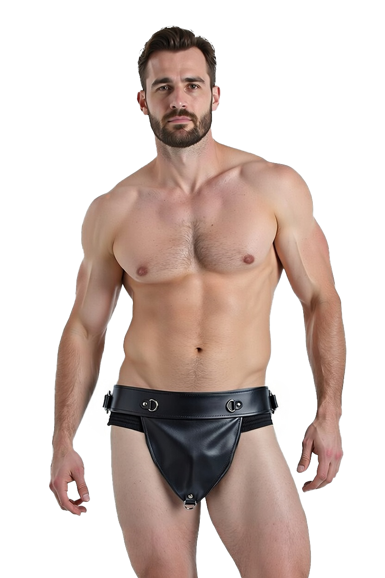Joylgbt‘s Men's Faux Leather Gladiator Kilt with Integrated Jockstrap