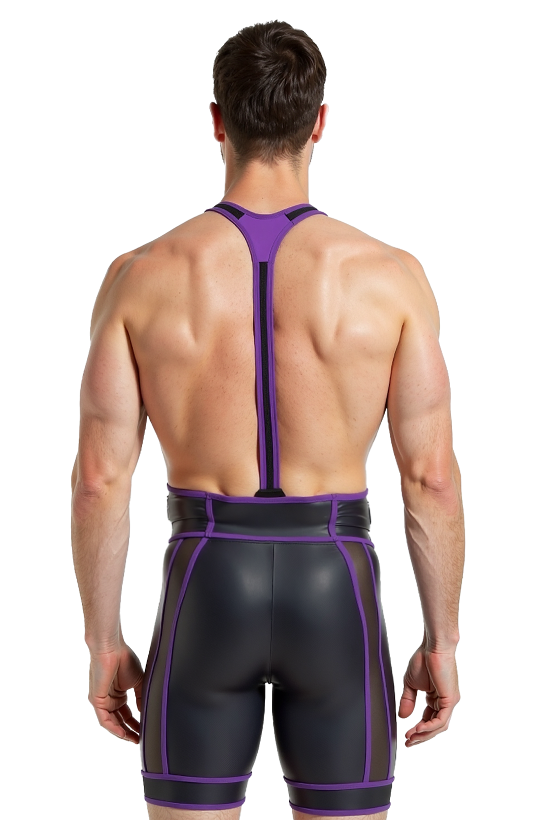 Joylgbt‘s Men’s Black & Purple Harness Wrestling Singlet with Mesh Panels
