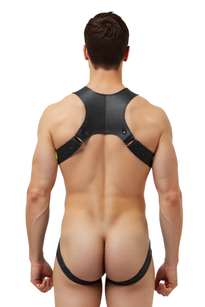 Joylgbt‘s Men’s Neon Harness Jockstrap Bodysuit with Shoulder Straps