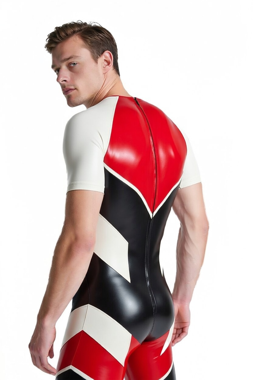 Joylgbt‘s Men’s Glossy PVC Leather Paneled Jumpsuit - Red & Black Urban Moto Style