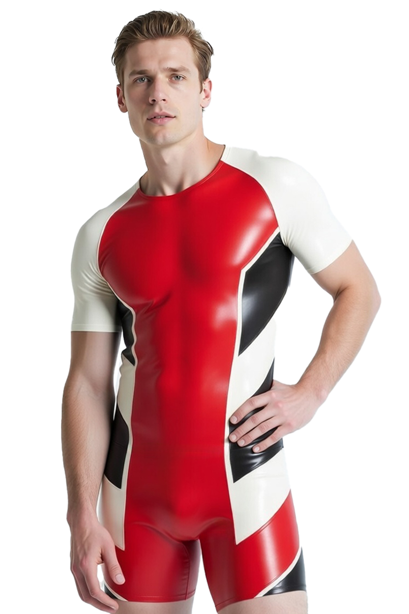 Joylgbt‘s Men’s Glossy PVC Leather Paneled Jumpsuit - Red & Black Urban Moto Style