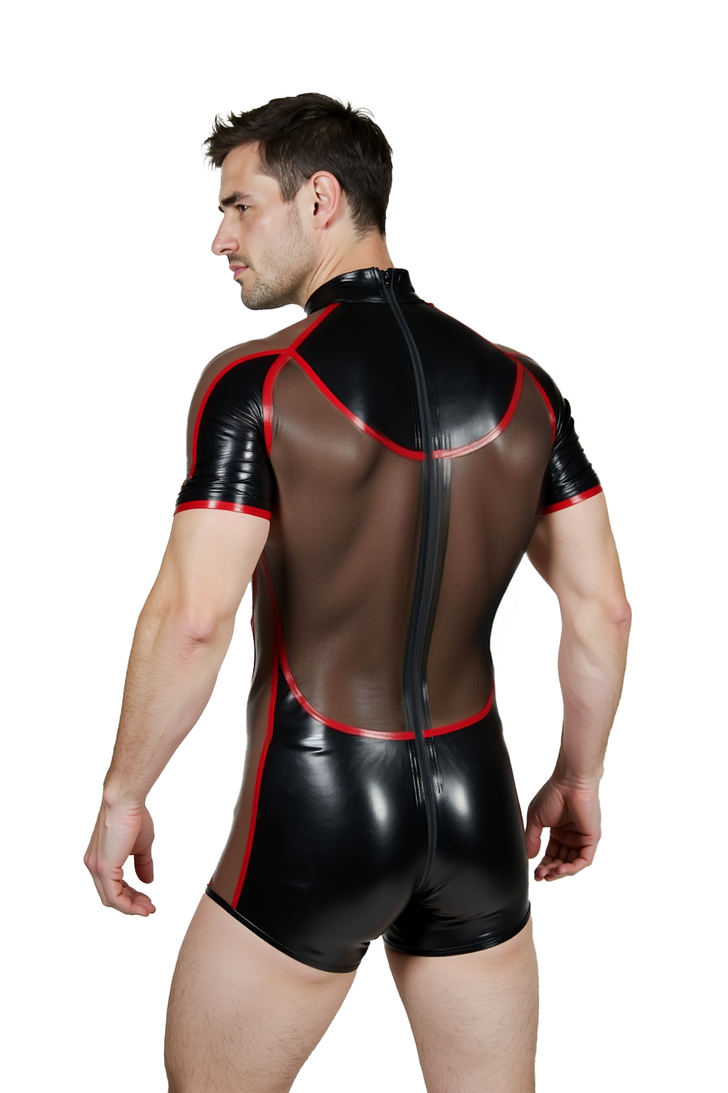 Joylgbt‘s The "Cyber-Physique" Sheer Mesh & Latex-Look Romper | Men's High-Gloss Circuit Bodysuit