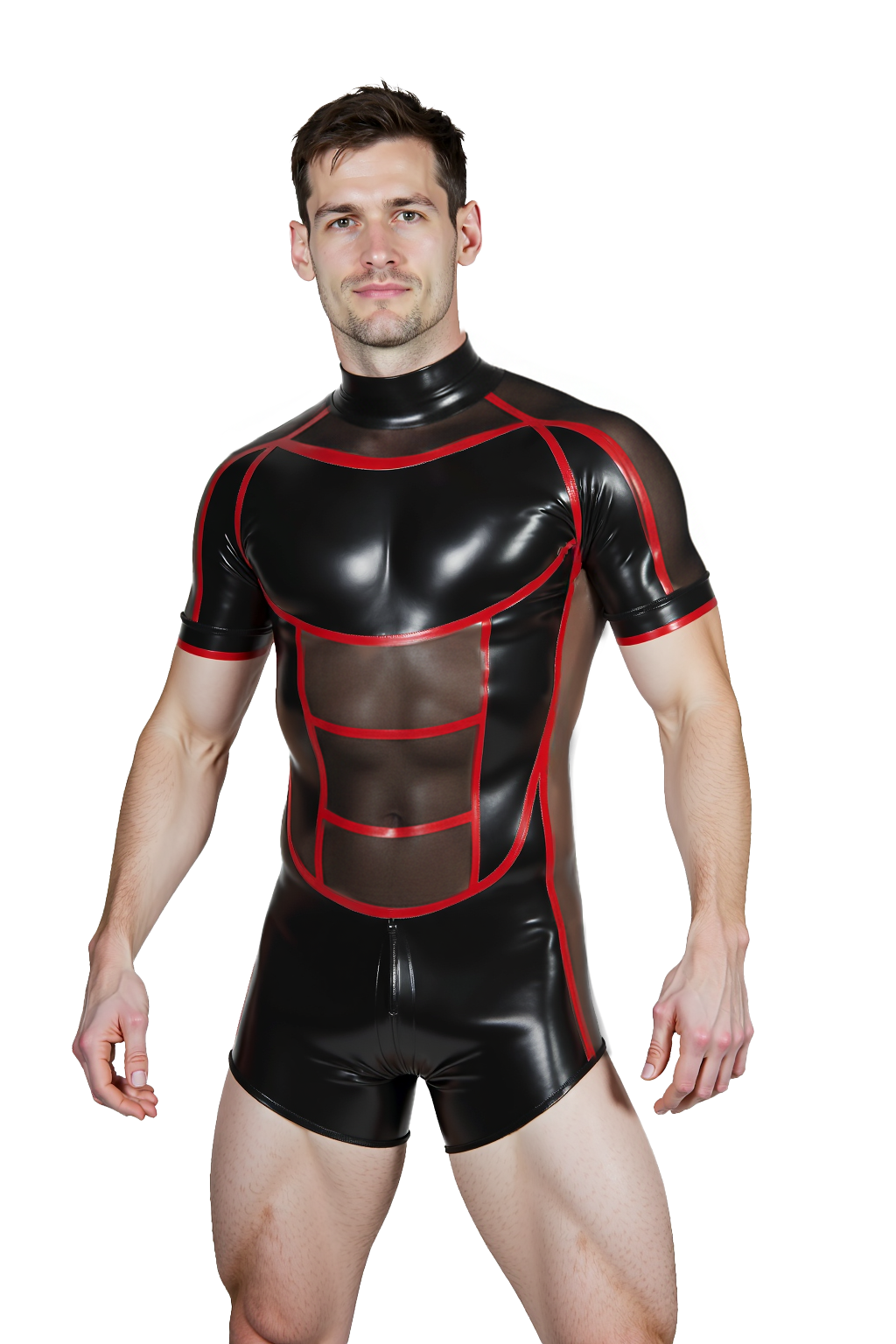 Joylgbt‘s The "Cyber-Physique" Sheer Mesh & Latex-Look Romper | Men's High-Gloss Circuit Bodysuit