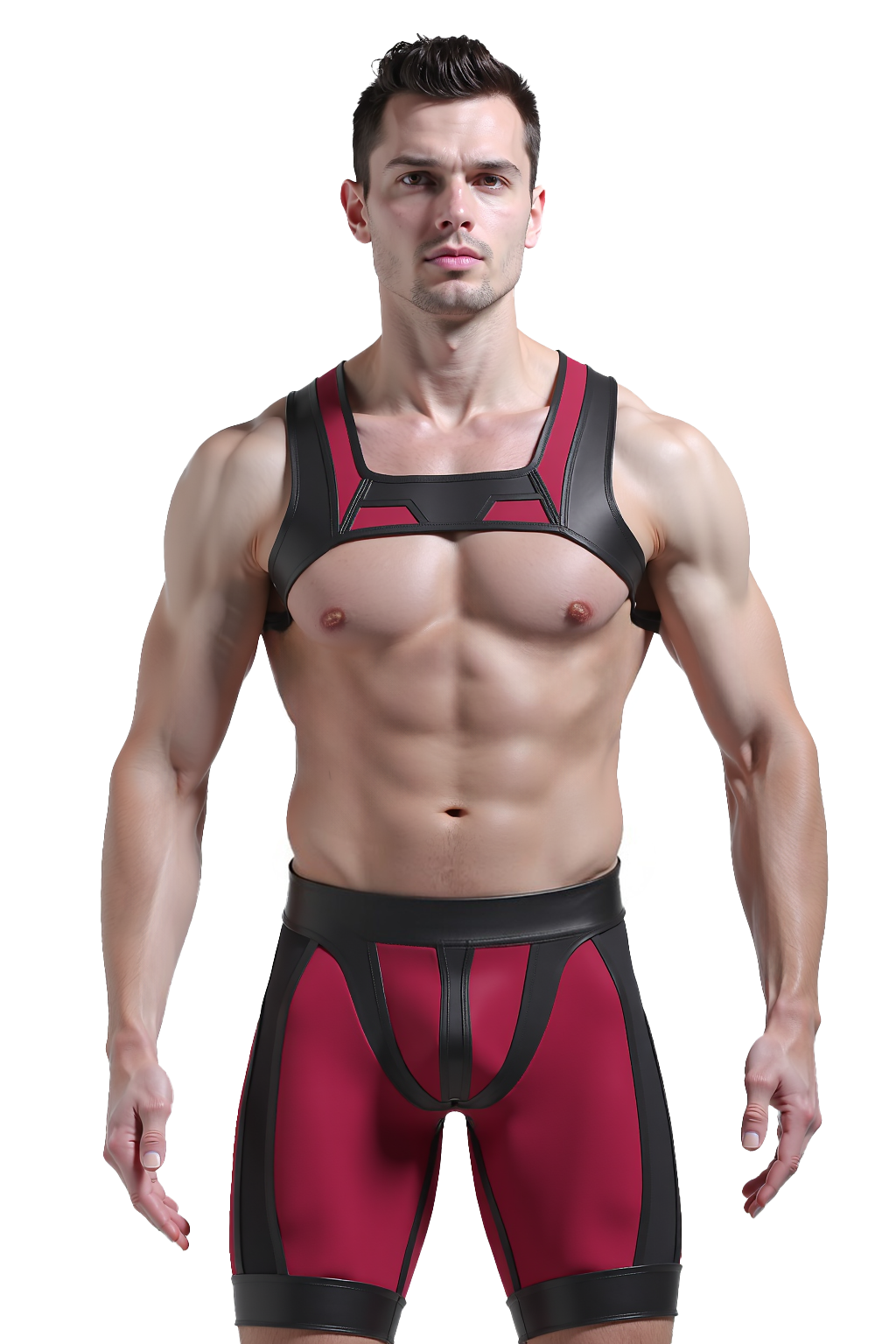 Joylgbt‘s Crimson Titan Neoprene Circuit Set | Tactical Crop-Harness & Compression Shorts Duo