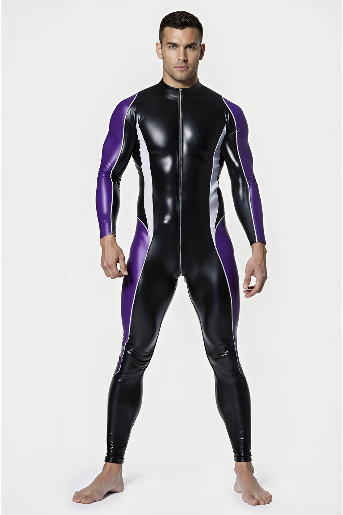 Sleek Black and Purple Latex Jumpsuit for Men