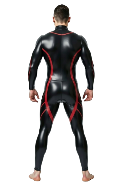Joylgbt's Men’s Glossy Faux Leather Bodysuit – Black & Red Full-Length Fetish Suit with Snap Crotch